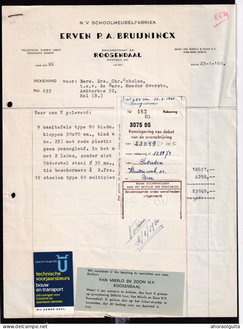 DDFF 361 -- ROOSENDAAL - Dossier De 4 Documents 1960 - Facture Erven Bruijninckx + Timbres FISCAUX Belges - Dokumente