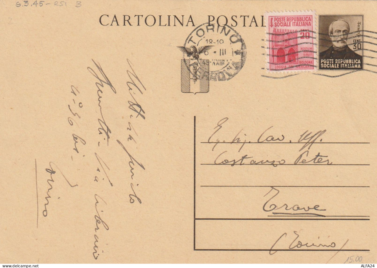 INTERO POSTALE 1945 RSI C.30 MAZZINI +20 MON DISTR (ZP270 - Stamped Stationery