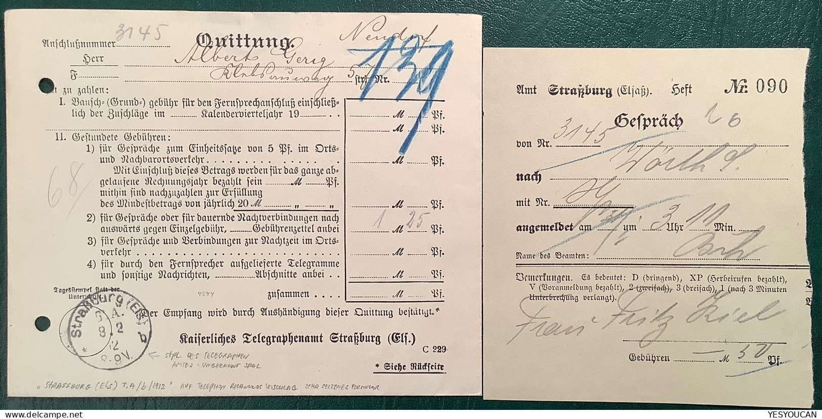 RR ! "STRASSBURG TA 1912" TELEFON-RECHNUNGS PORTOFREIHEIT Brief Formular  (Alsace Lettre Strasbourg D.R Telephone Cover - Storia Postale