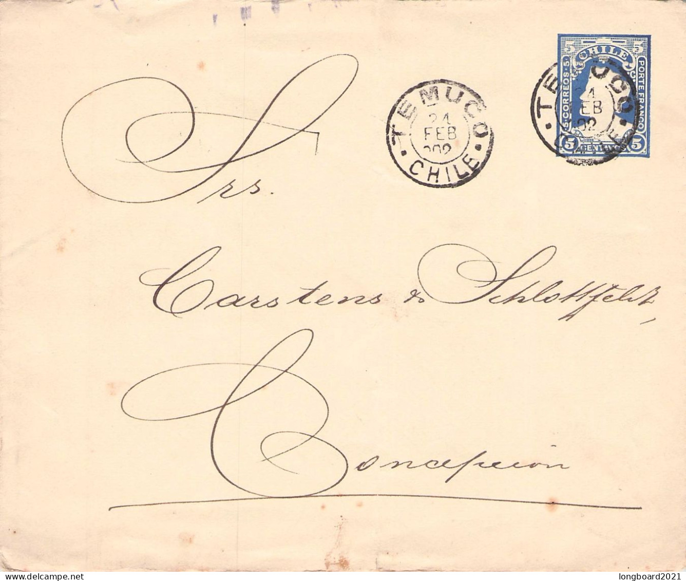 CHILE - POSTAL STATIONERY ENVELOPE 5 CTVS 1902 TEMUCO  / 1458 - Cile