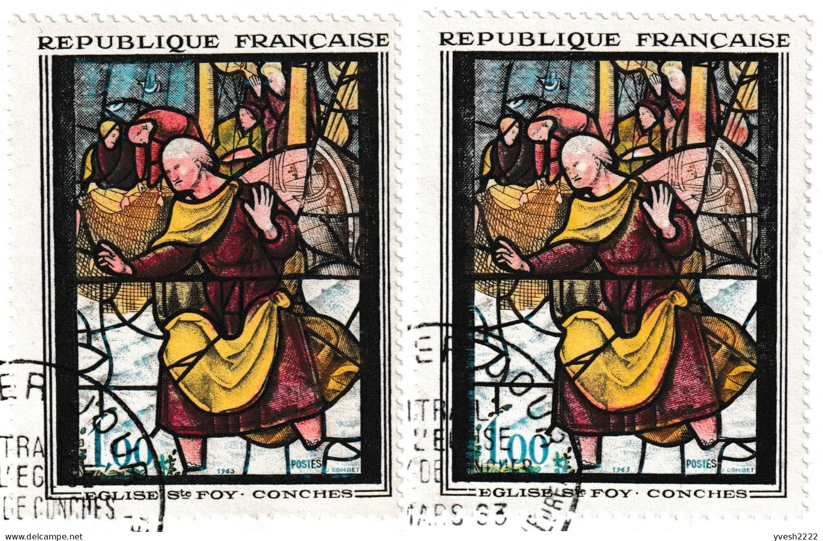 France 1963 Y&T 1377. 2 FDC, Vitrail De L'église Ste Foy, Conches. Curiosité, Détails Jaune Et Rose En Haut à Droite - Glasses & Stained-Glasses