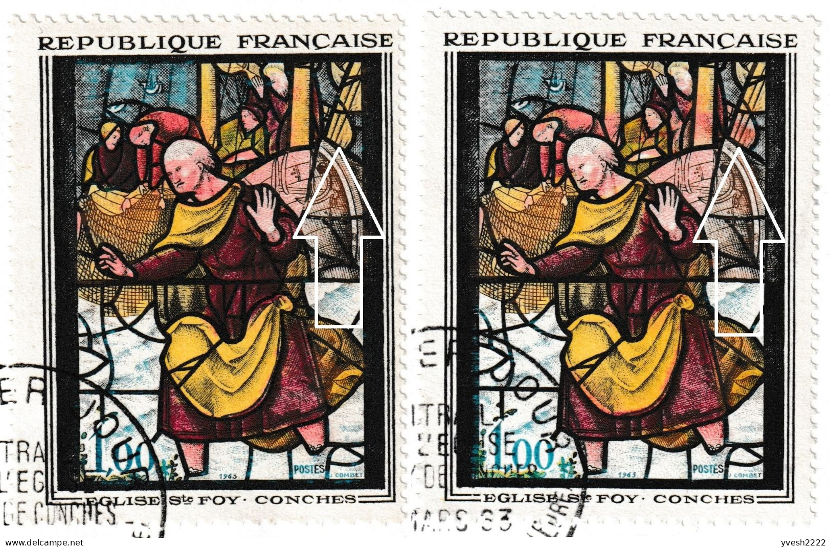 France 1963 Y&T 1377. 2 FDC, Vitrail De L'église Ste Foy, Conches. Curiosité, Détails Jaune Et Rose En Haut à Droite - Glas & Fenster