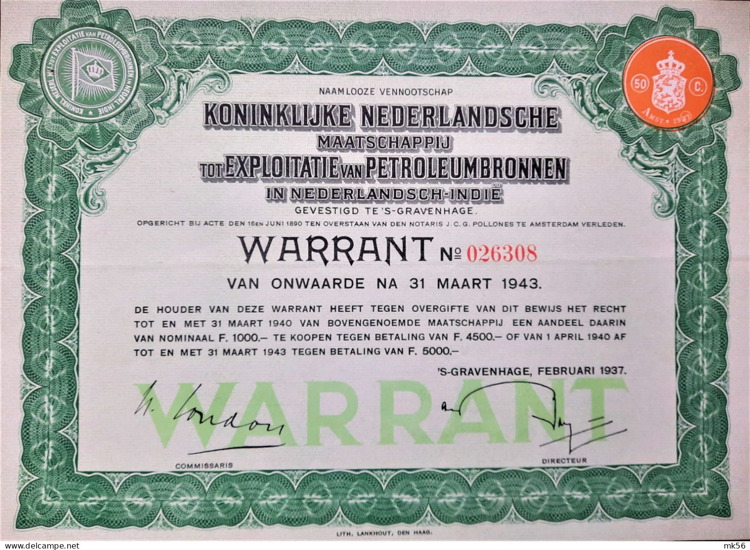 Koninklijke Nederlandsche Maatschappij Tot Exploitatie Van Petroleumbronnen In Nederlandsch Indie (1937) - Warrant - Autres & Non Classés