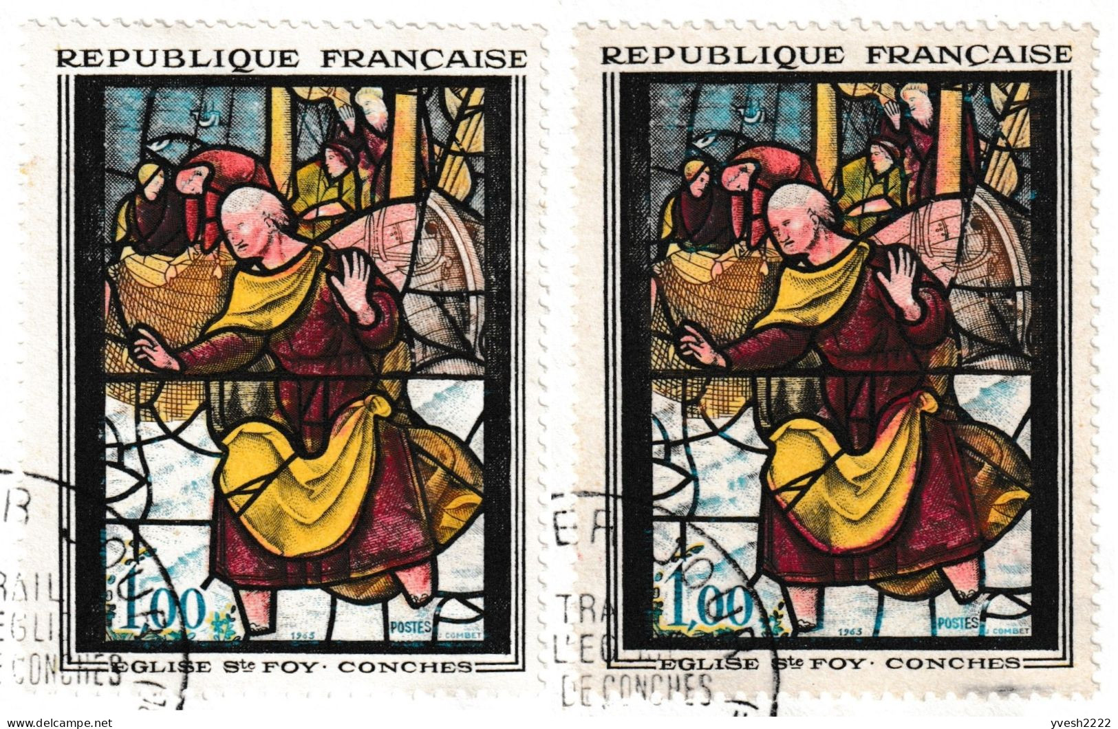 France 1963 Y&T 1377. 2 FDC, Vitrail De L'église Ste Foy, Conches. Curiosité, Doublure Rouge De L'étoffe Jaune - Verres & Vitraux