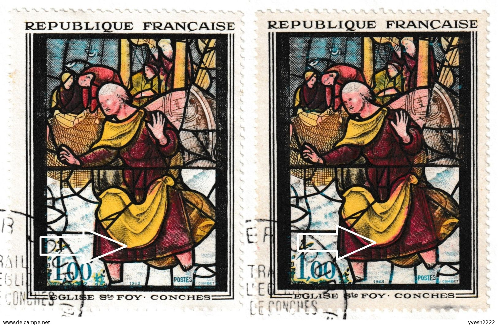 France 1963 Y&T 1377. 2 FDC, Vitrail De L'église Ste Foy, Conches. Curiosité, Doublure Rouge De L'étoffe Jaune - Glas & Fenster