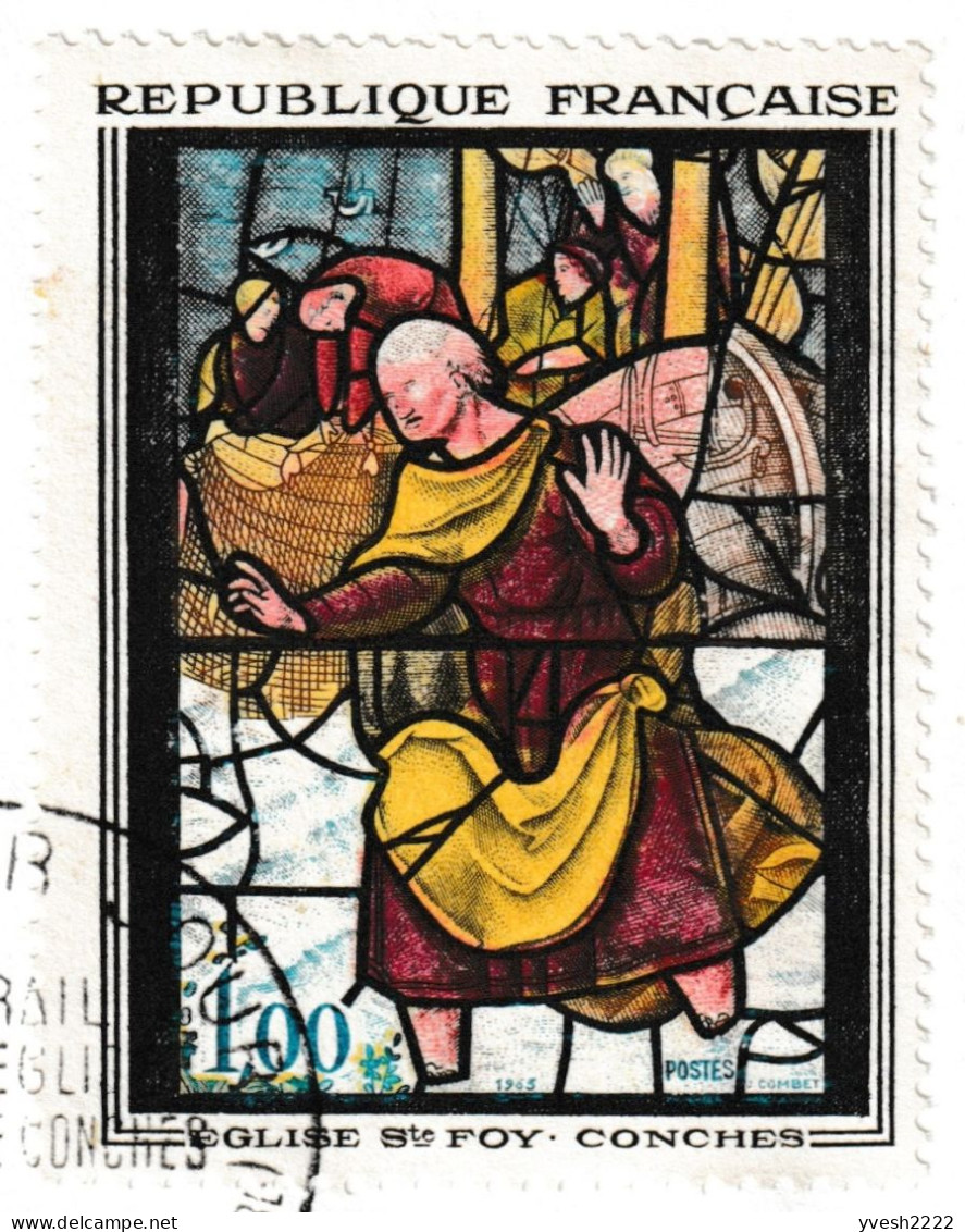 France 1963 Y&T 1377. 2 FDC, Vitrail De L'église Ste Foy, Conches. Curiosité, Doublure Rouge De L'étoffe Jaune - Glas & Fenster