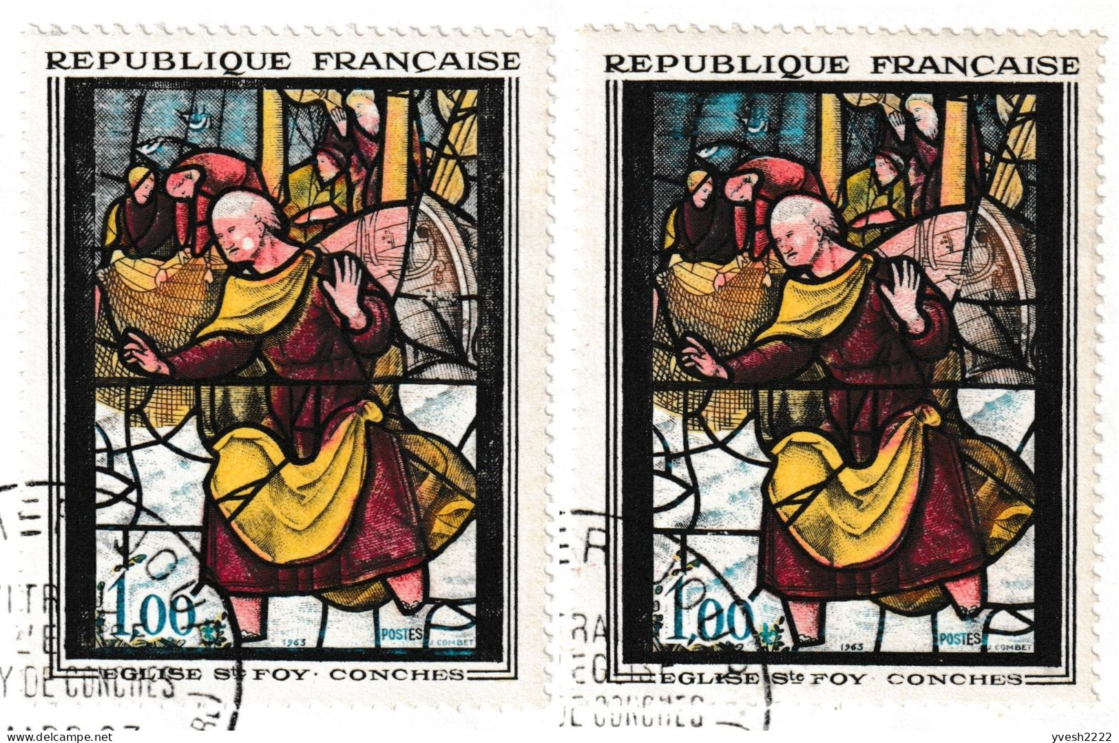 France 1963 Y&T 1377. 2 FDC, Vitrail De L'église Ste Foy, Conches. Curiosité, Ciel Outremer Et Bleu-noir - Verres & Vitraux