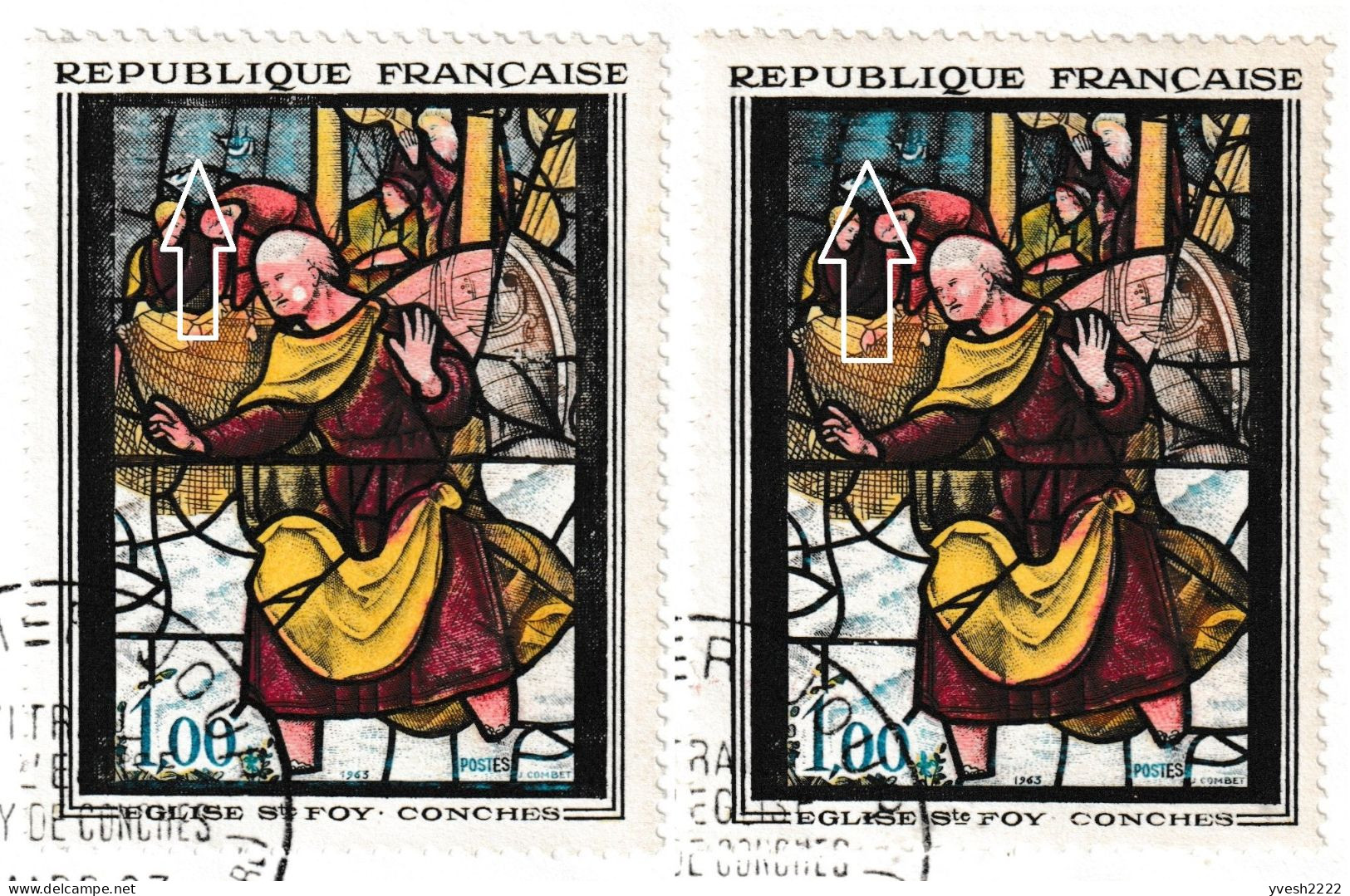 France 1963 Y&T 1377. 2 FDC, Vitrail De L'église Ste Foy, Conches. Curiosité, Ciel Outremer Et Bleu-noir - Glasses & Stained-Glasses
