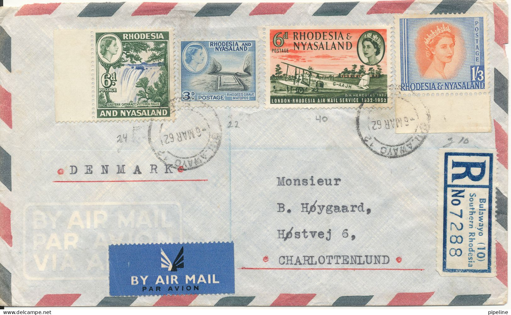 Rhodesia & Nyasaland Registered Air Mail Cover Sent To Denmark 6-3-1962 Good Franked - Rhodesien & Nyasaland (1954-1963)