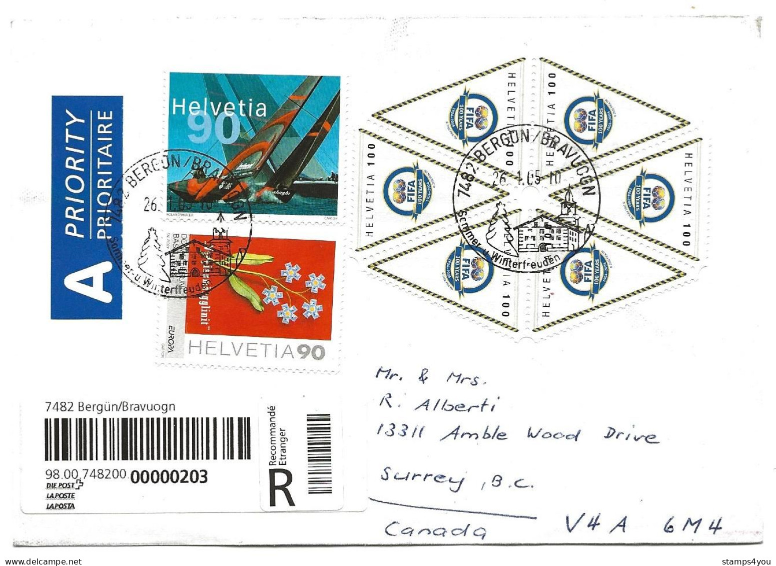 200 - 19 - Enveloppe Recommandée Envoyée Au Canada - Cachets Illustrés Bergün 2005 - Superbe Affranchissement - Covers & Documents