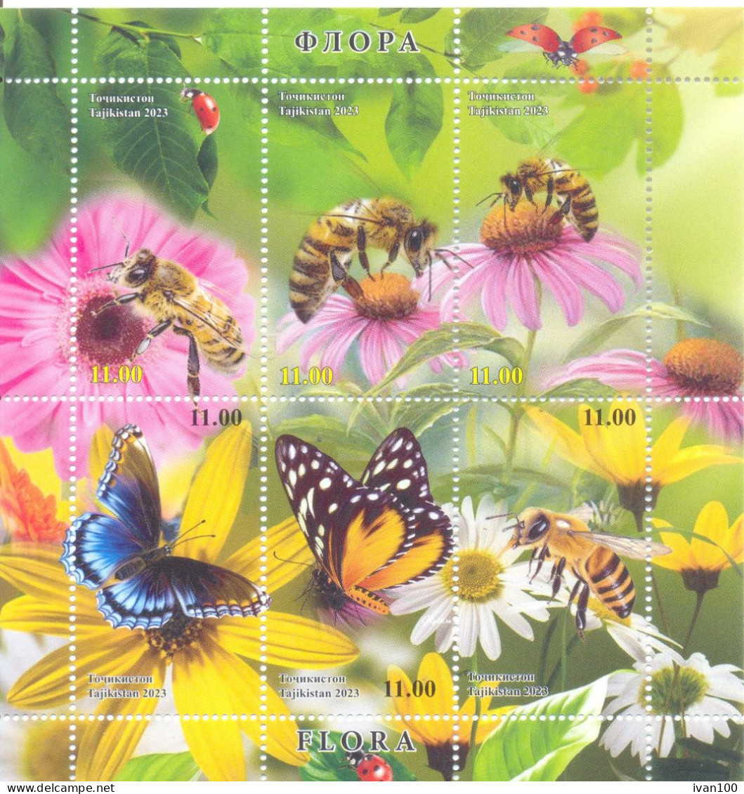 2023. Tajikistan, Flowers, Insects, S/s Perf, Mint/** - Tadjikistan