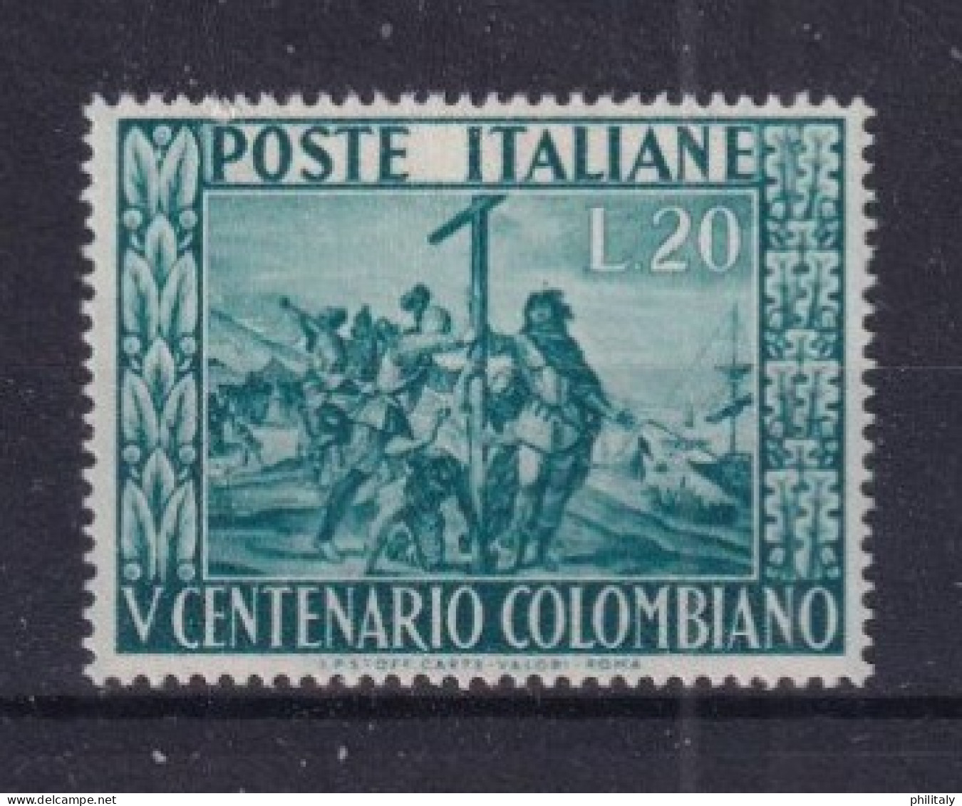 Repubblica Italiana 1951 - 5° Centenario Della Nascita Di Cristoforo Colombo Valore L. 20 Verde Nuovo Con Linguella - Italie