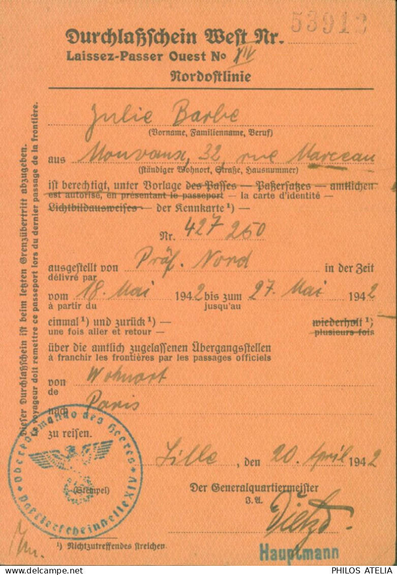 Guerre 40 Laissez Passer Ouest Durchlassschein West Nordostlinie Cachet Oberkommando Des Heeres Lille 1942 - 2. Weltkrieg 1939-1945