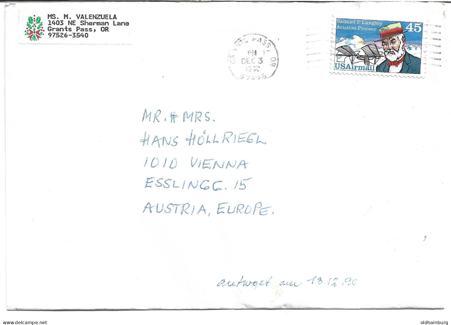 0158a: USA- Brief 1990 Nach Wien, Aviation Pioneer Samuel P. Langley - Sonstige (Luft)