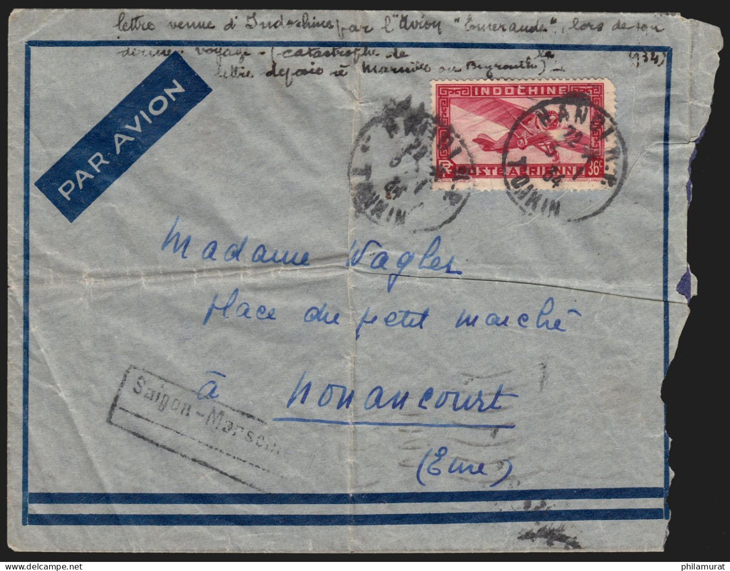 Indochine Poste Aérienne N°29, Vol Accidenté "Saïgon-Marseille" 1934 - RARE - Posta Aerea