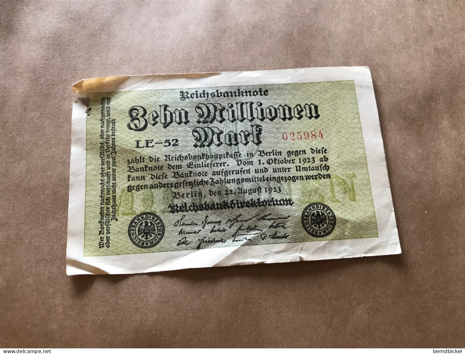 Banknote Reichsnote Deutsches Reich 10 Millionen Mark August 1923 - 10 Miljoen Mark