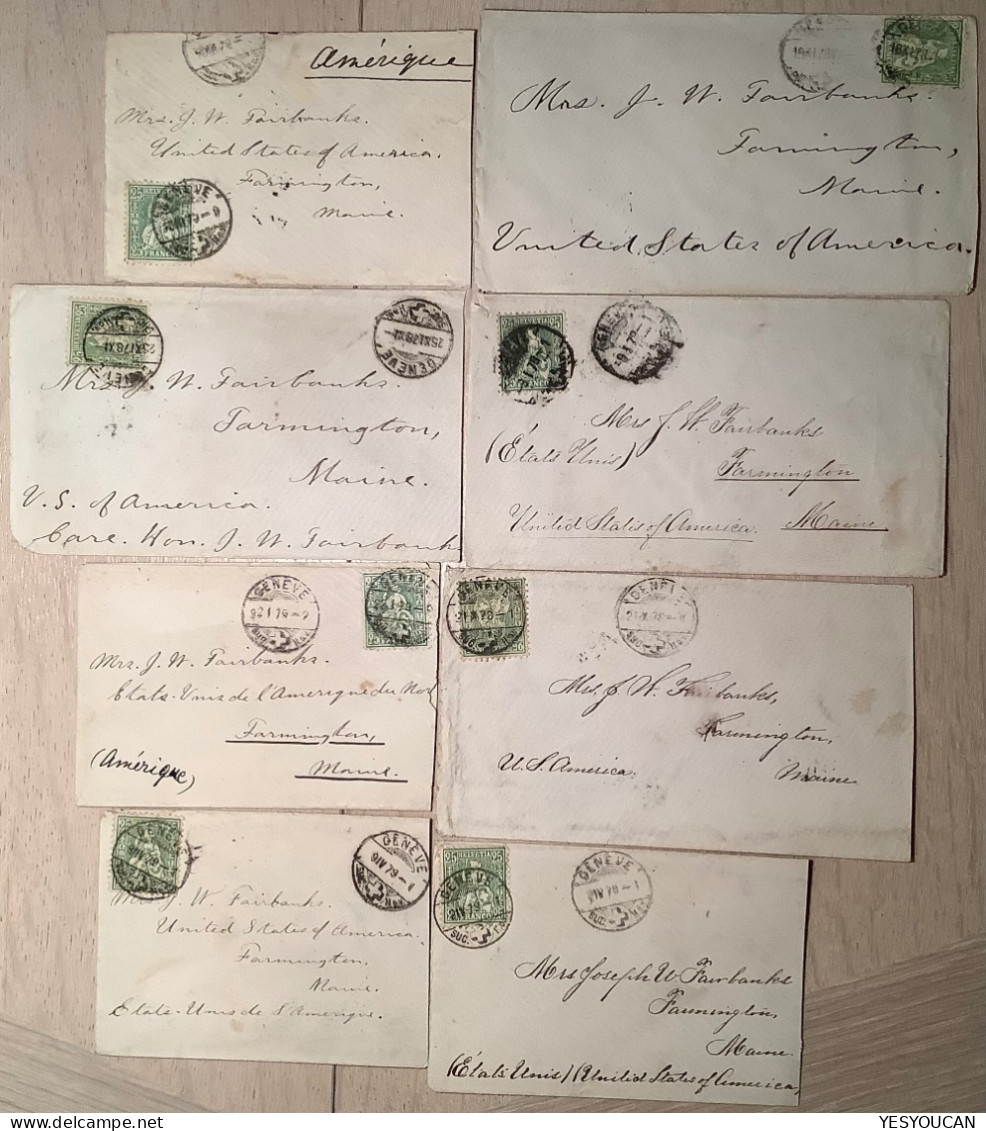 Schweiz Genève 1878-79 Korrespondenz#40 Sitzende Helvetia>Mrs J.W.Fairbanks Farmington Maine USA (US Cover Switzerland - Lettres & Documents