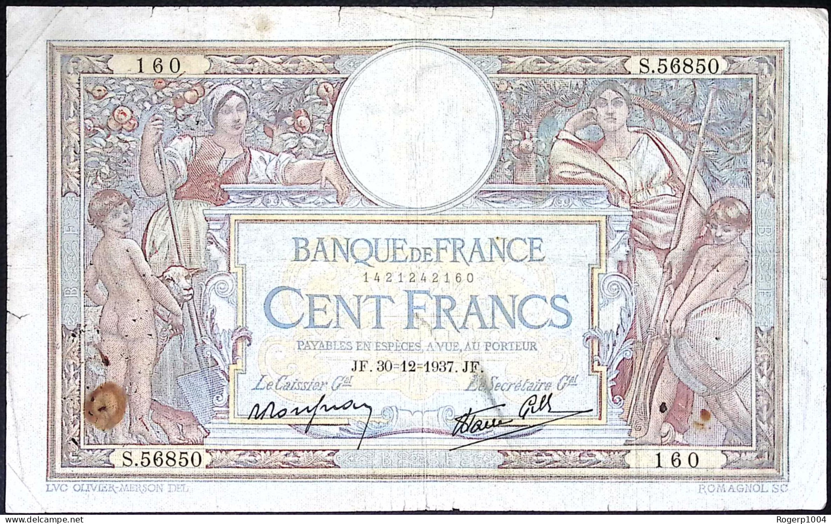 FRANCE * 100 Francs LOM * Date 30/12/1937 * Etat/Grade TB/F * Fay 25.07 * - 100 F 1908-1939 ''Luc Olivier Merson''