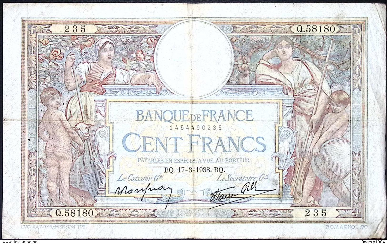 FRANCE * 100 Francs LOM * Date 17/03/1938 * Etat/Grade TB+/FF * Fay 25.13 * - 100 F 1908-1939 ''Luc Olivier Merson''