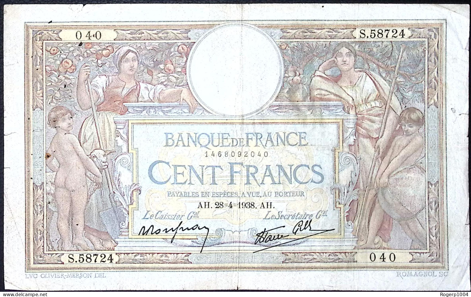 FRANCE * 100 Francs LOM * Date 28/04/1938 * Etat/Grade TB+/FF * Fay 25.16 * - 100 F 1908-1939 ''Luc Olivier Merson''