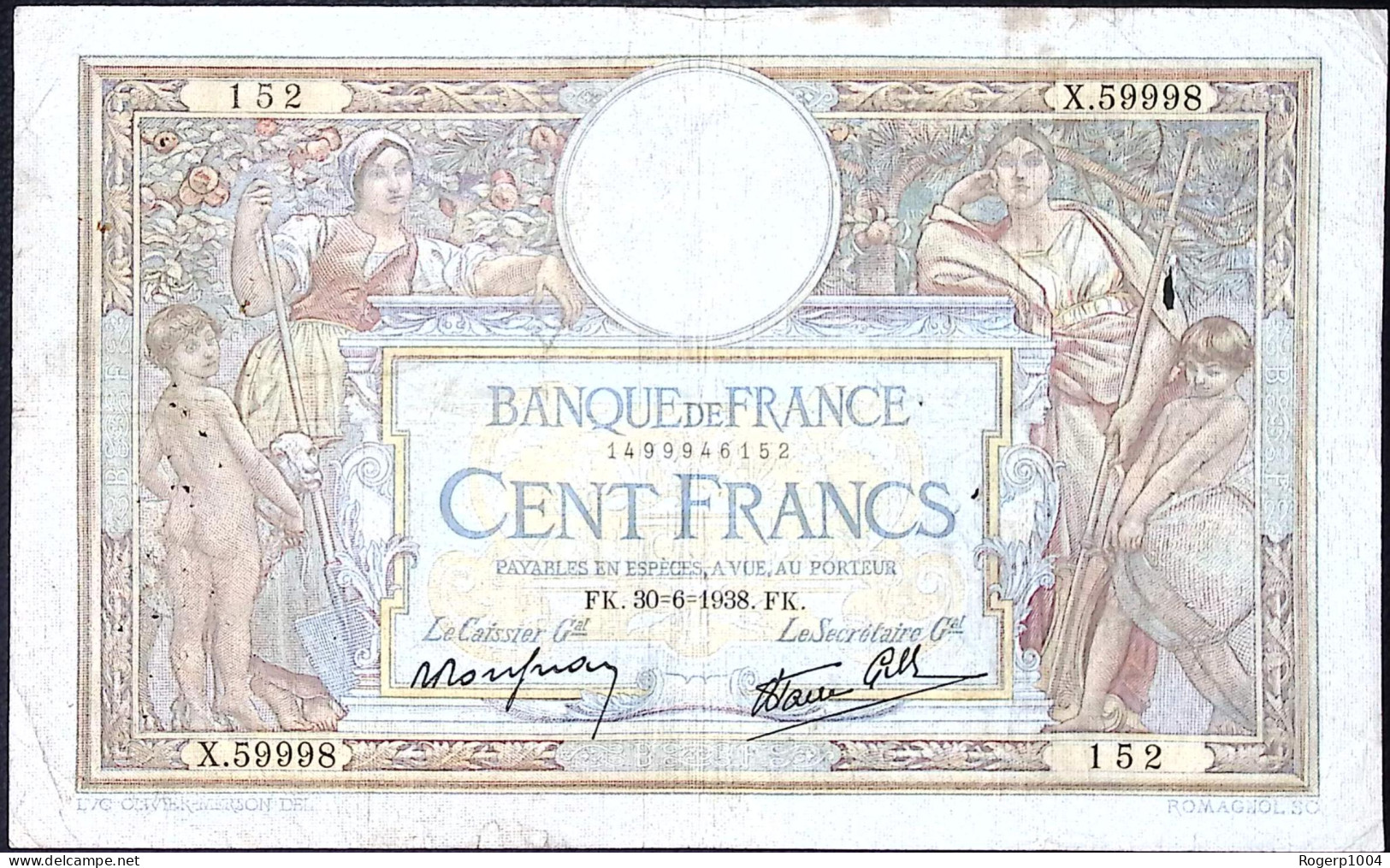 FRANCE * 100 Francs LOM * Date 30/06/1938 * Etat/Grade TTB/VF * Fay 25.24 * - 100 F 1908-1939 ''Luc Olivier Merson''