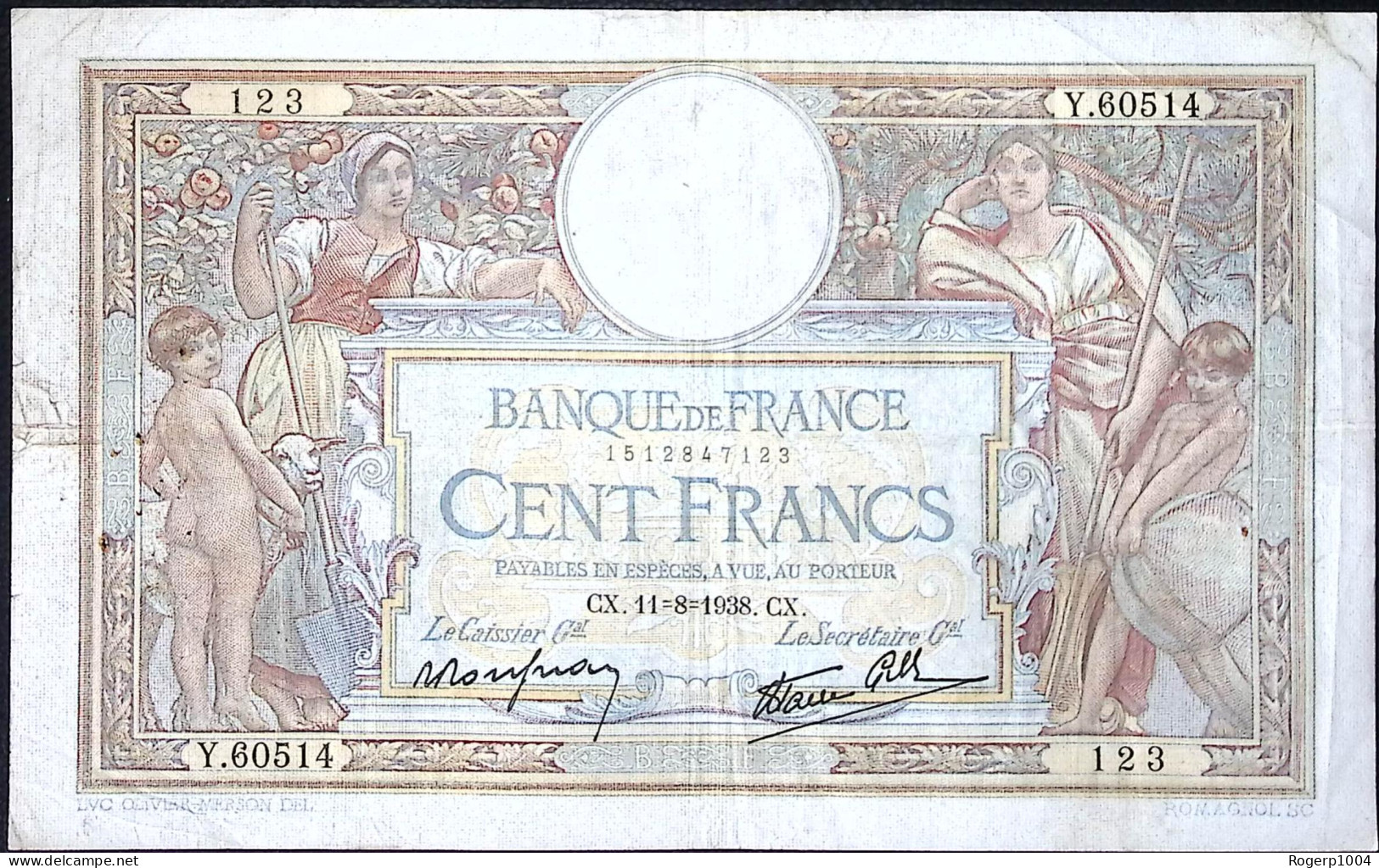 FRANCE * 100 Francs LOM * Date 11/08/1938 * Etat/Grade TTB/VF * Fay 25.28 * - 100 F 1908-1939 ''Luc Olivier Merson''