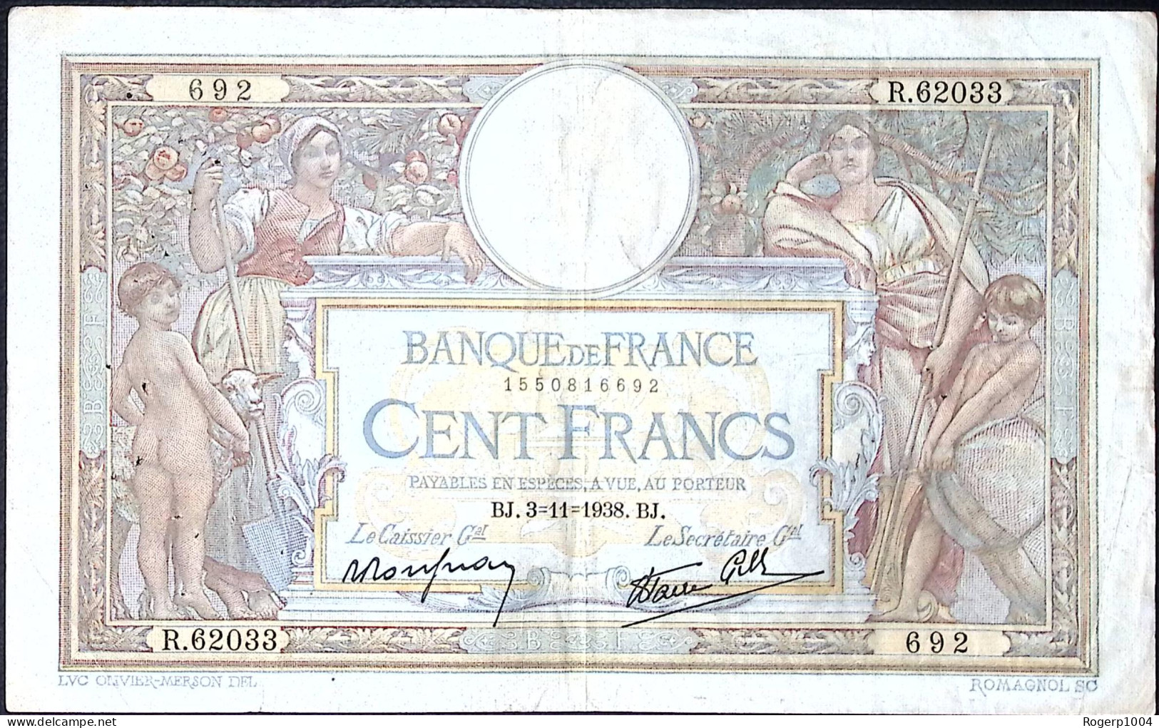 FRANCE * 100 Francs LOM * Date 03/11/1938 * Etat/Grade TTB/VF * Fay 25.34 * Papier Chiffon - 100 F 1908-1939 ''Luc Olivier Merson''