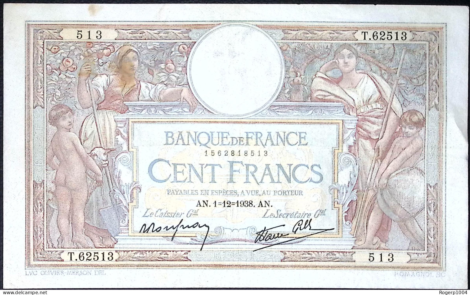 FRANCE * 100 Francs LOM * Date 01/12/1938 * Etat/Grade TTB/VF * Fay 25.35 * Papier Chiffon - 100 F 1908-1939 ''Luc Olivier Merson''