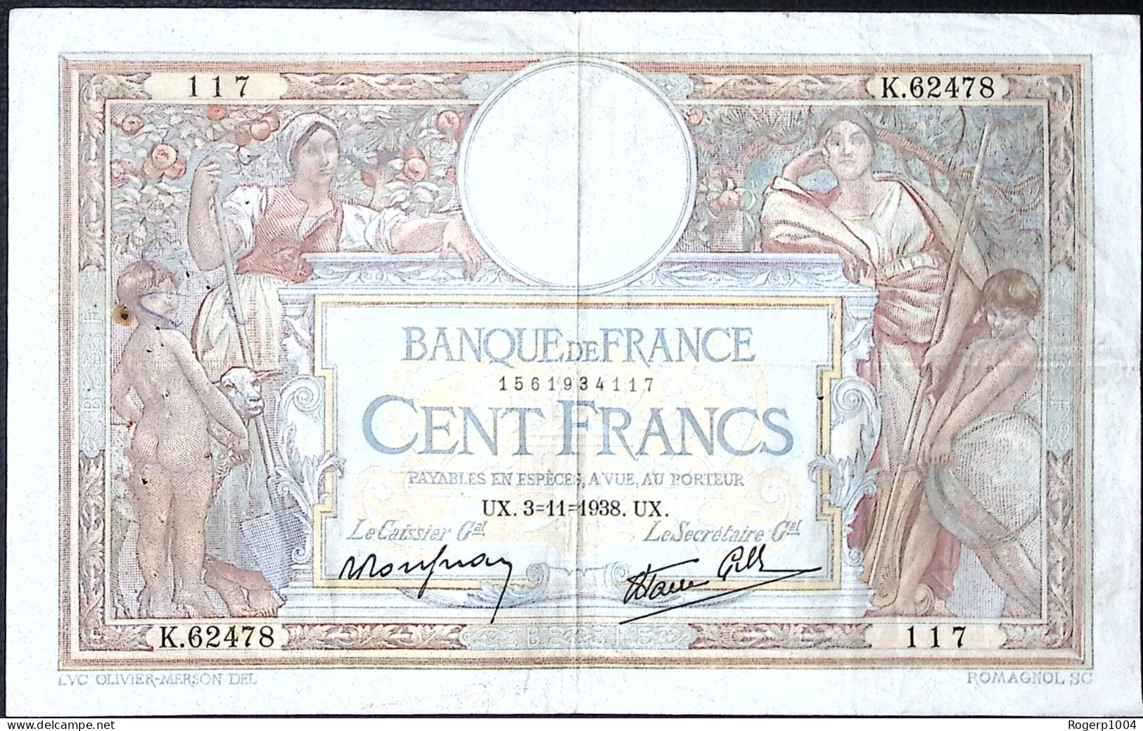 FRANCE * 100 Francs LOM * Date 03/11/1938 * Etat/Grade TTB+/XF * Fay 25.34 * Papier Chiffon - 100 F 1908-1939 ''Luc Olivier Merson''