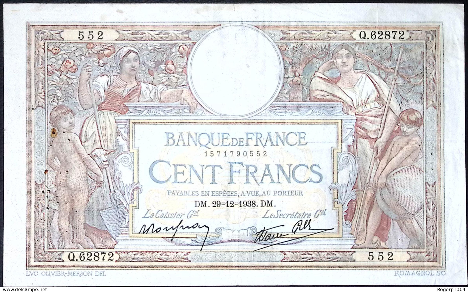 FRANCE * 100 Francs LOM * Date 29/12/1938 * Etat/Grade TTB+/XF * Fay 25.37 * Papier Chiffon - 100 F 1908-1939 ''Luc Olivier Merson''