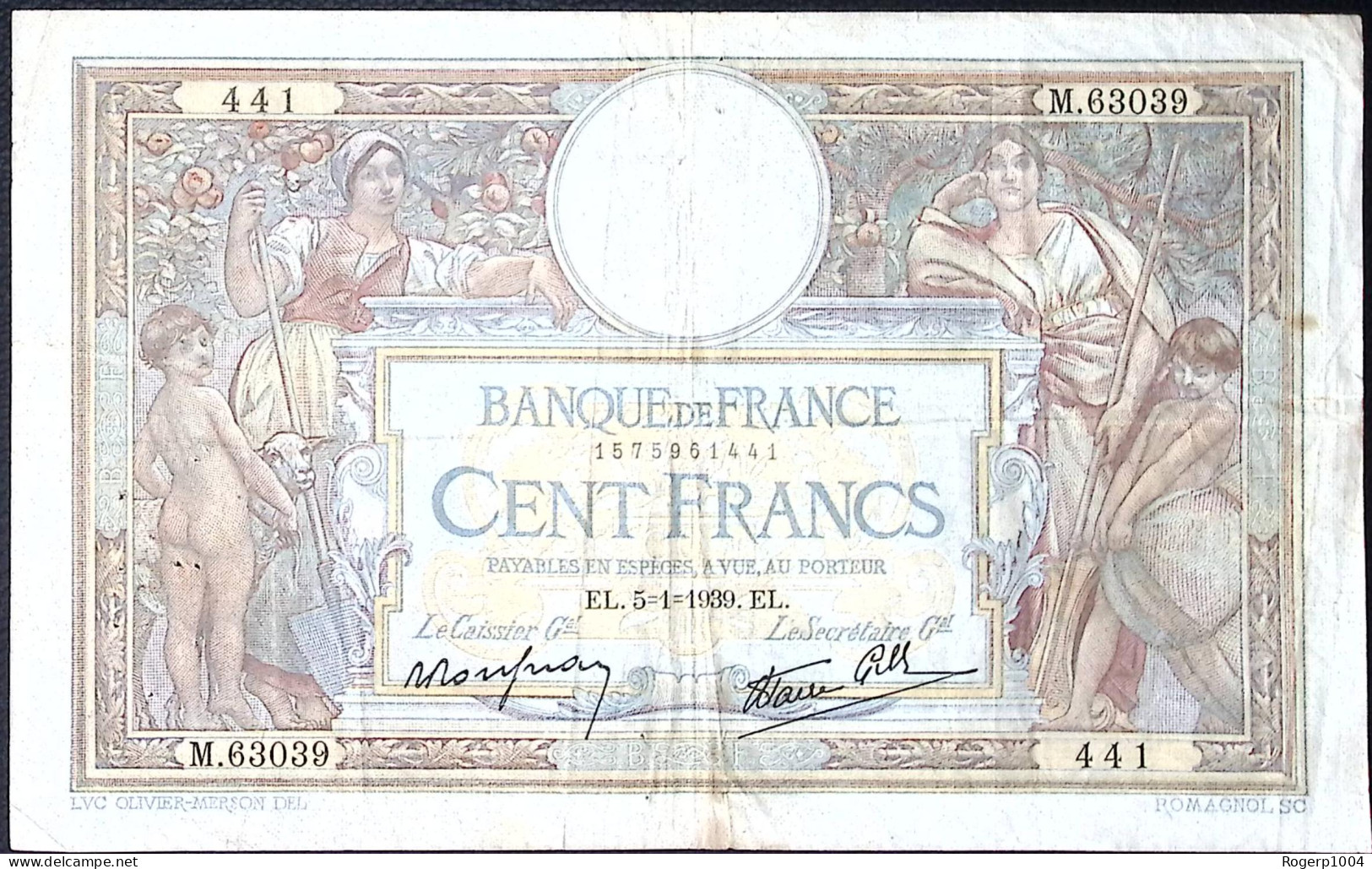FRANCE * 100 Francs LOM * Date 05/01/1939 * Etat/Grade TTB/VF * Fay 25.38 * Papier Chiffon - 100 F 1908-1939 ''Luc Olivier Merson''
