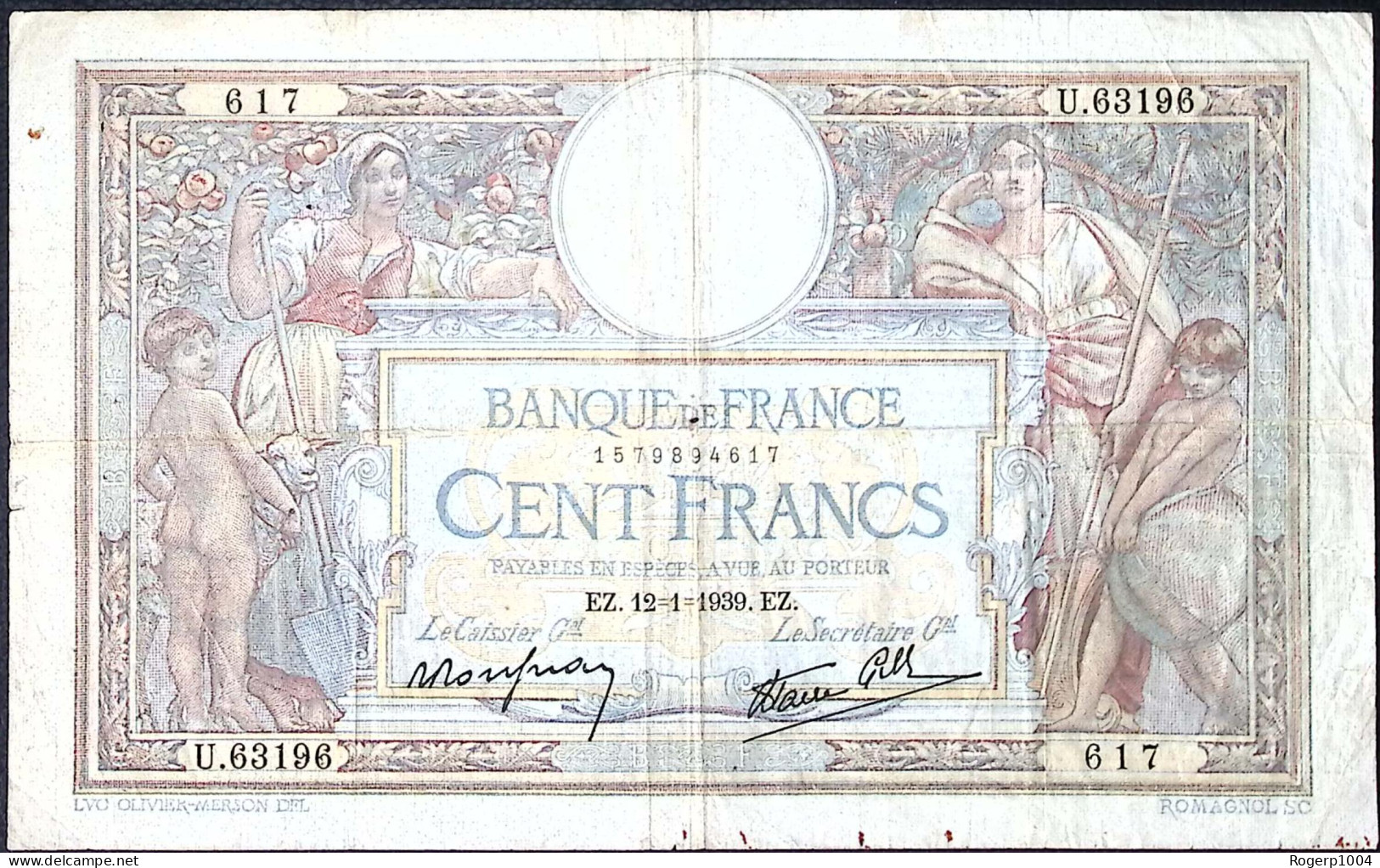 FRANCE * 100 Francs LOM * Date 12/01/1939 * Etat/Grade TB+/FF * Fay 25.39 * Papier Chiffon - 100 F 1908-1939 ''Luc Olivier Merson''