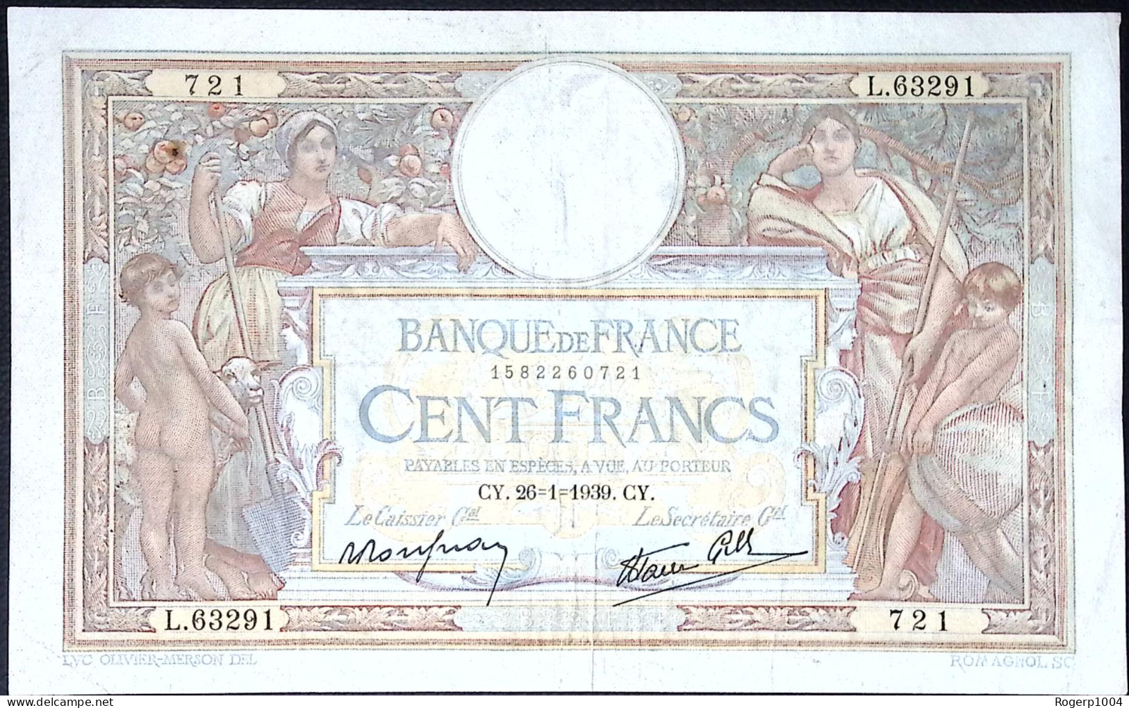 FRANCE * 100 Francs LOM * Date 26/01/1939 * Etat/Grade TTB+/XF * Fay 25.39 * Papier Chiffon - 100 F 1908-1939 ''Luc Olivier Merson''