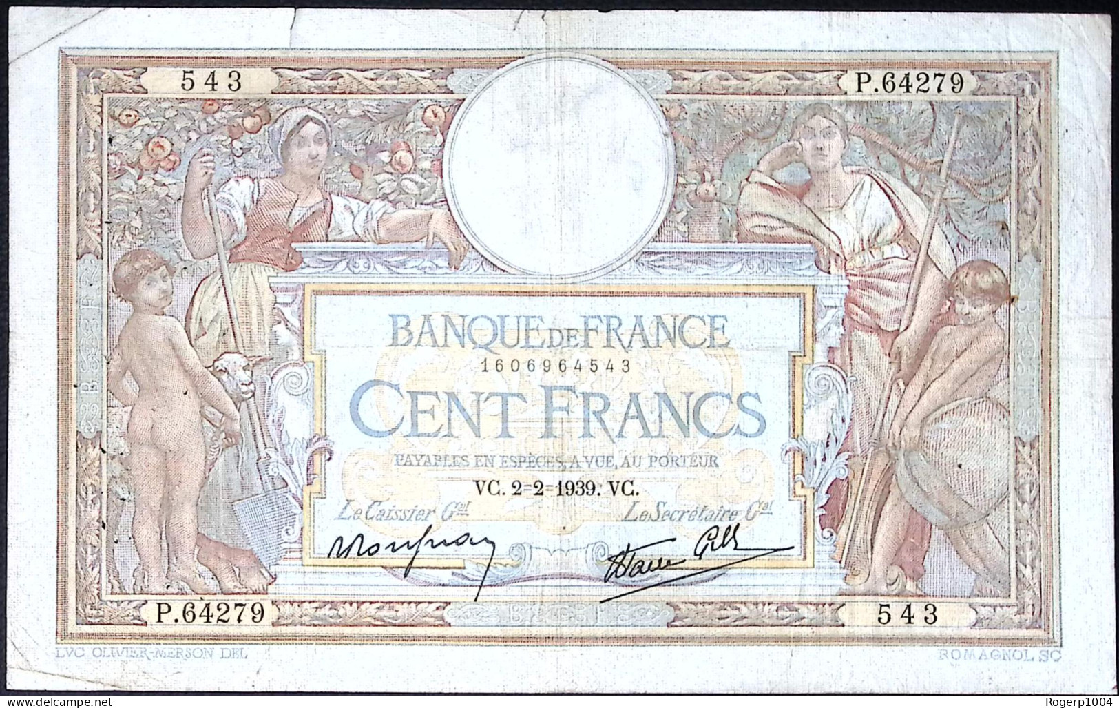 FRANCE * 100 Francs LOM * Date 02/02/1939 * Etat/Grade TTB/VF * Fay 25.39 * Papier Ramie - 100 F 1908-1939 ''Luc Olivier Merson''