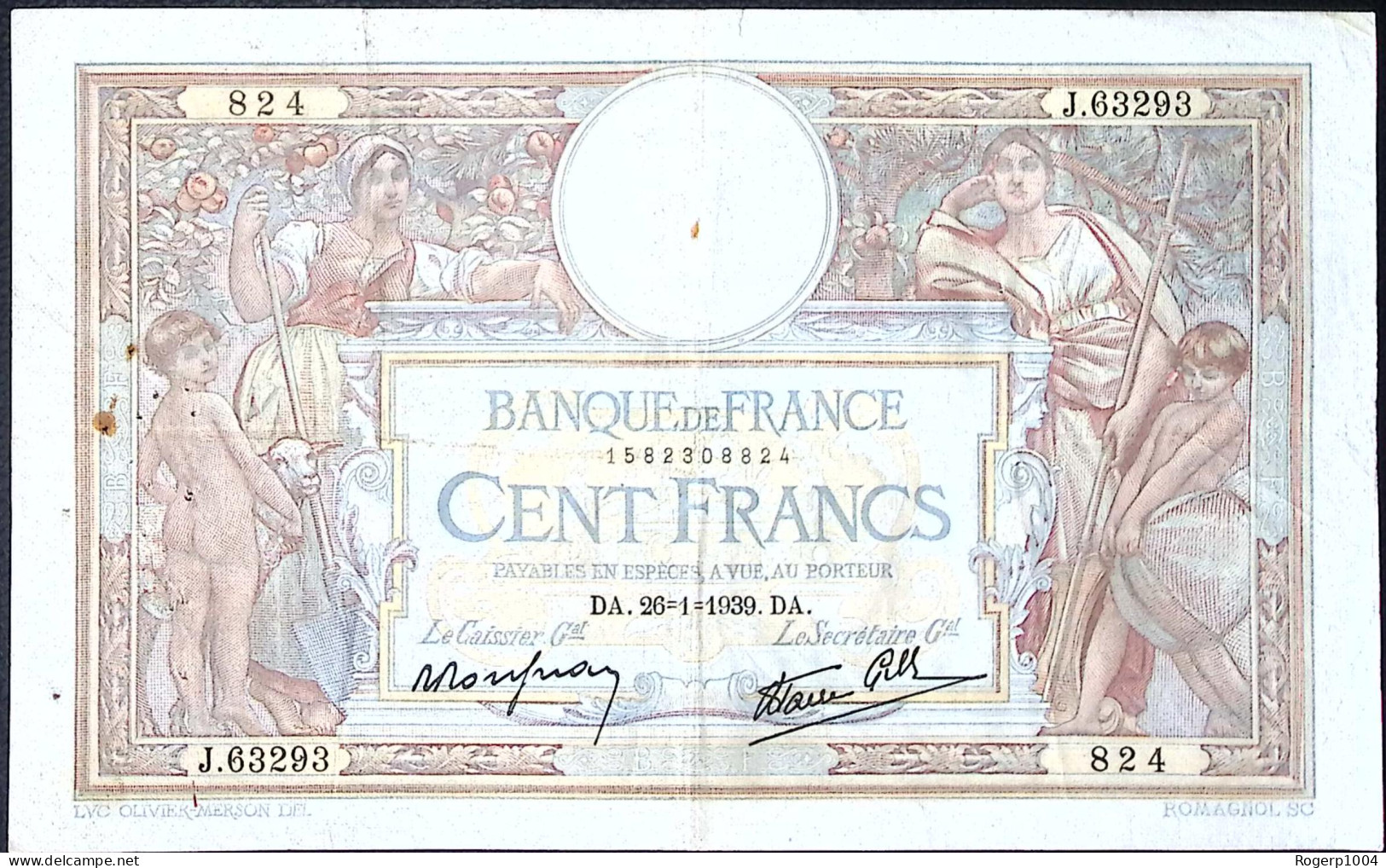 FRANCE * 100 Francs LOM * Date 26/01/1939 * Etat/Grade TTB/VF * Fay 25.39 * Papier Chiffon - 100 F 1908-1939 ''Luc Olivier Merson''