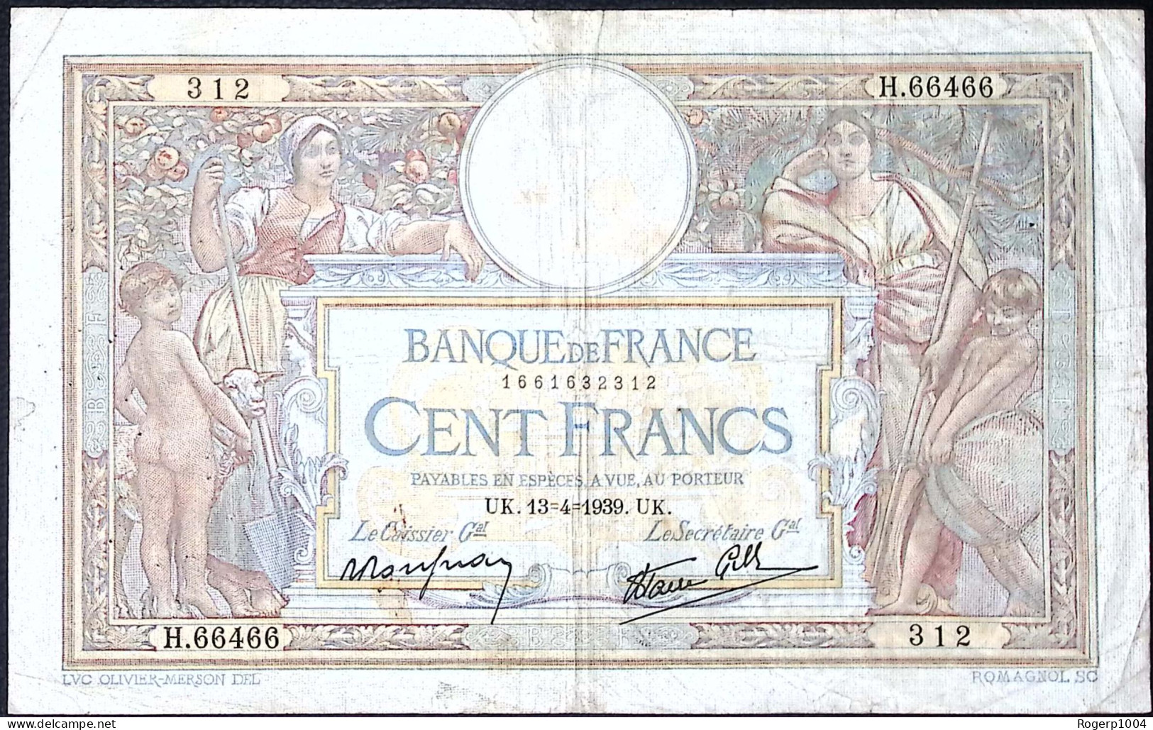 FRANCE * 100 Francs LOM * Date 13/04/1939 * Etat/Grade TB+/FF * Fay 25.46 * Papier Ramie ** RADAR ** - 100 F 1908-1939 ''Luc Olivier Merson''