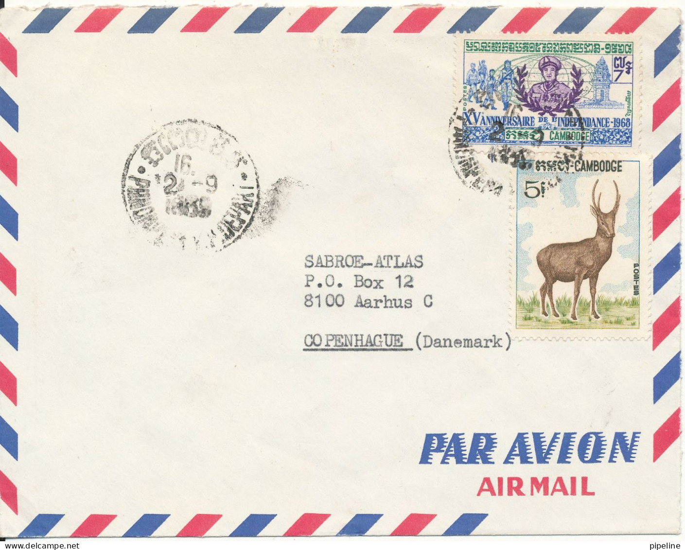 Cambodia Air Mail Cover Sent To Denmark Phnompenh 2-9-1969 Topic Stamps - Cambodge