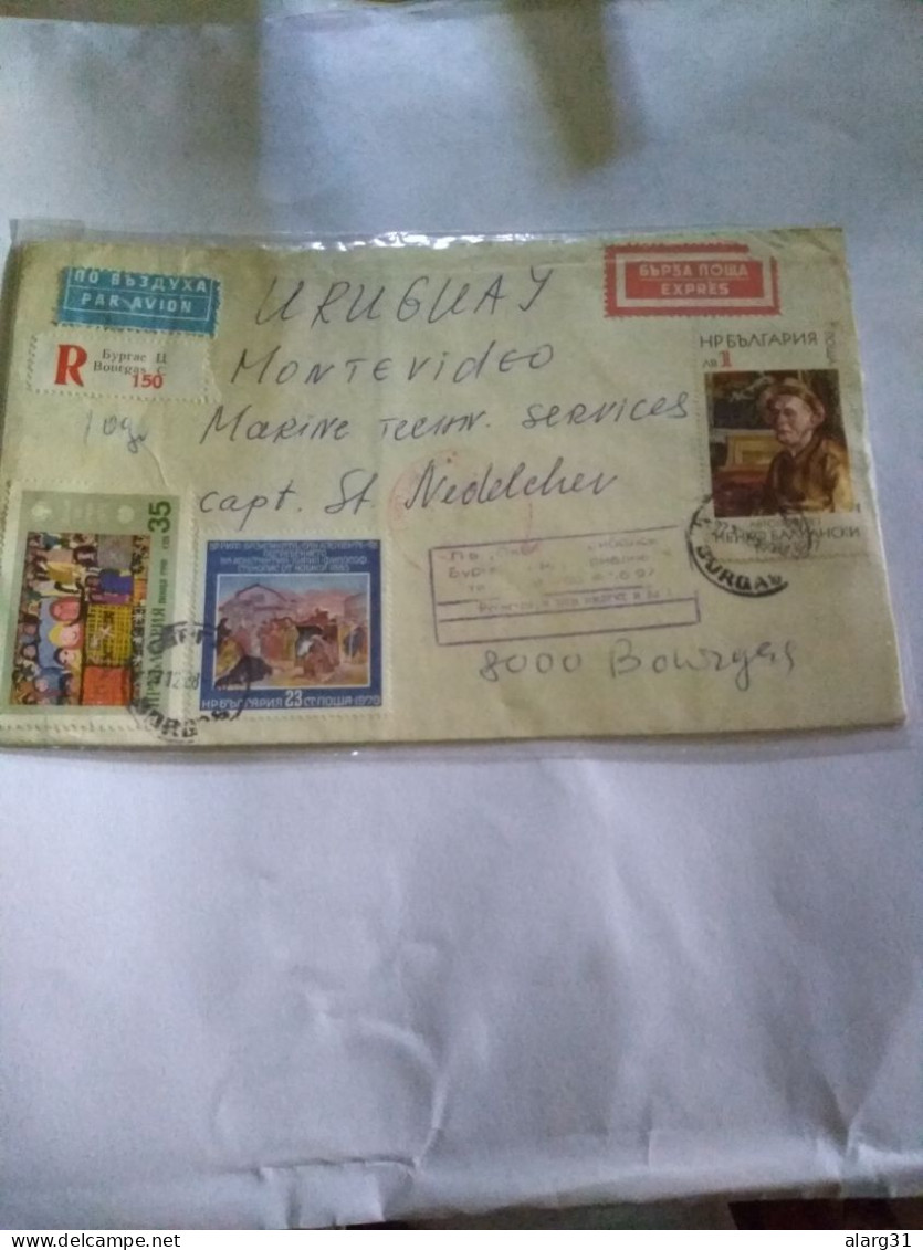 Bulgaria Registered Express Cover To Uruguay Rare Destine.from Bourgas 1988.conmems.e7 Reg Post Conmems 1 Or 2 Pieces. - Cartas & Documentos