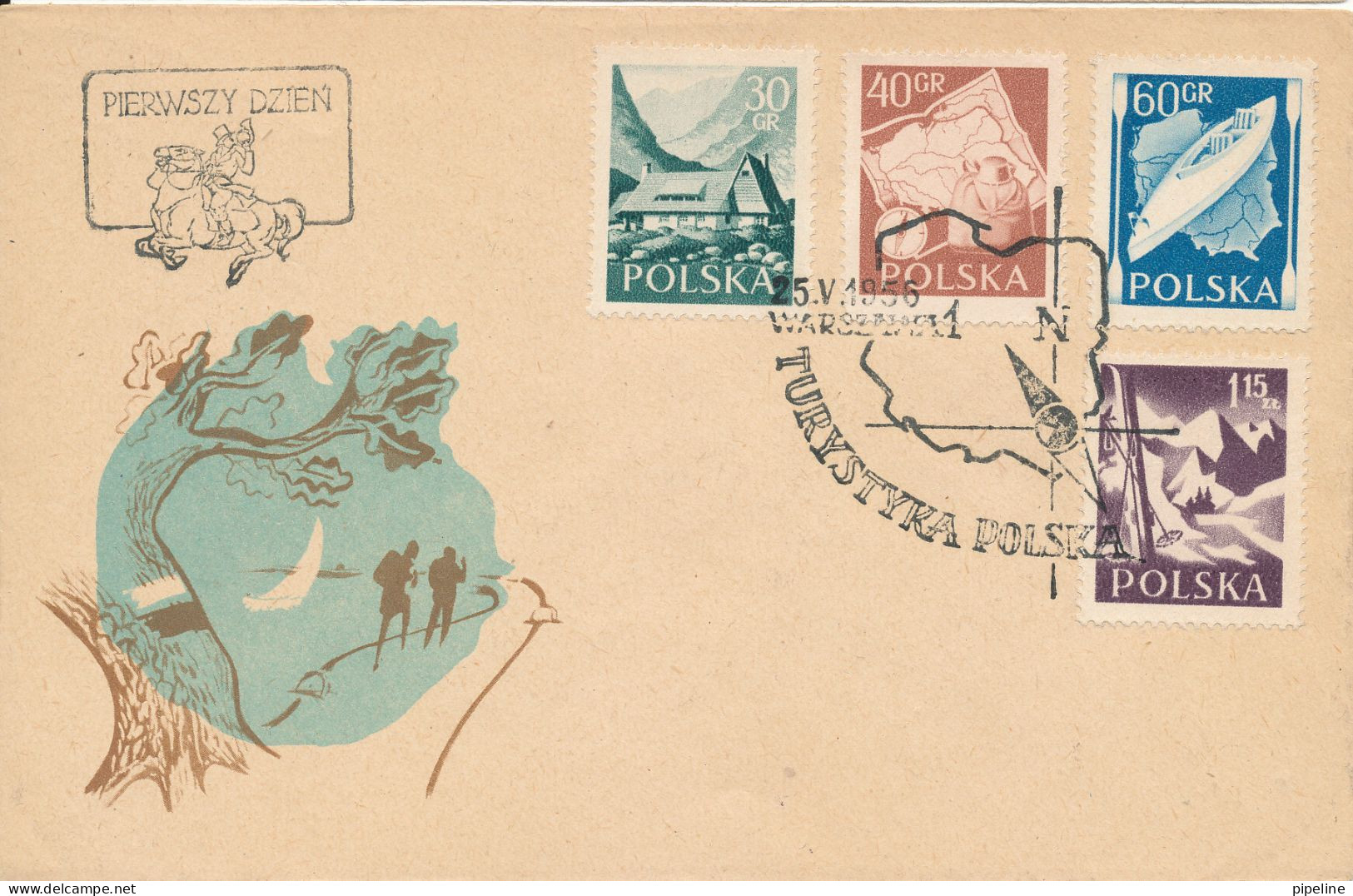Poland FDC 25-5-1956 Tourism Stamps SPORT Complete Set Of 4 With Cachet - Cartas & Documentos