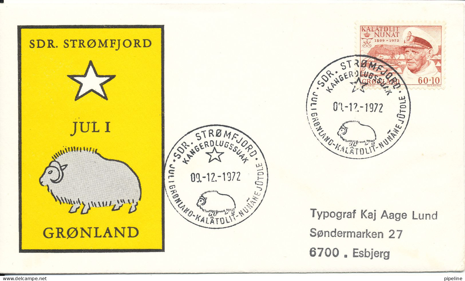 Greenland Cover Sent To Denmark With Special Christmas Cancel And Cachet Sdr. Stromfjord 9-12-1972 - Brieven En Documenten