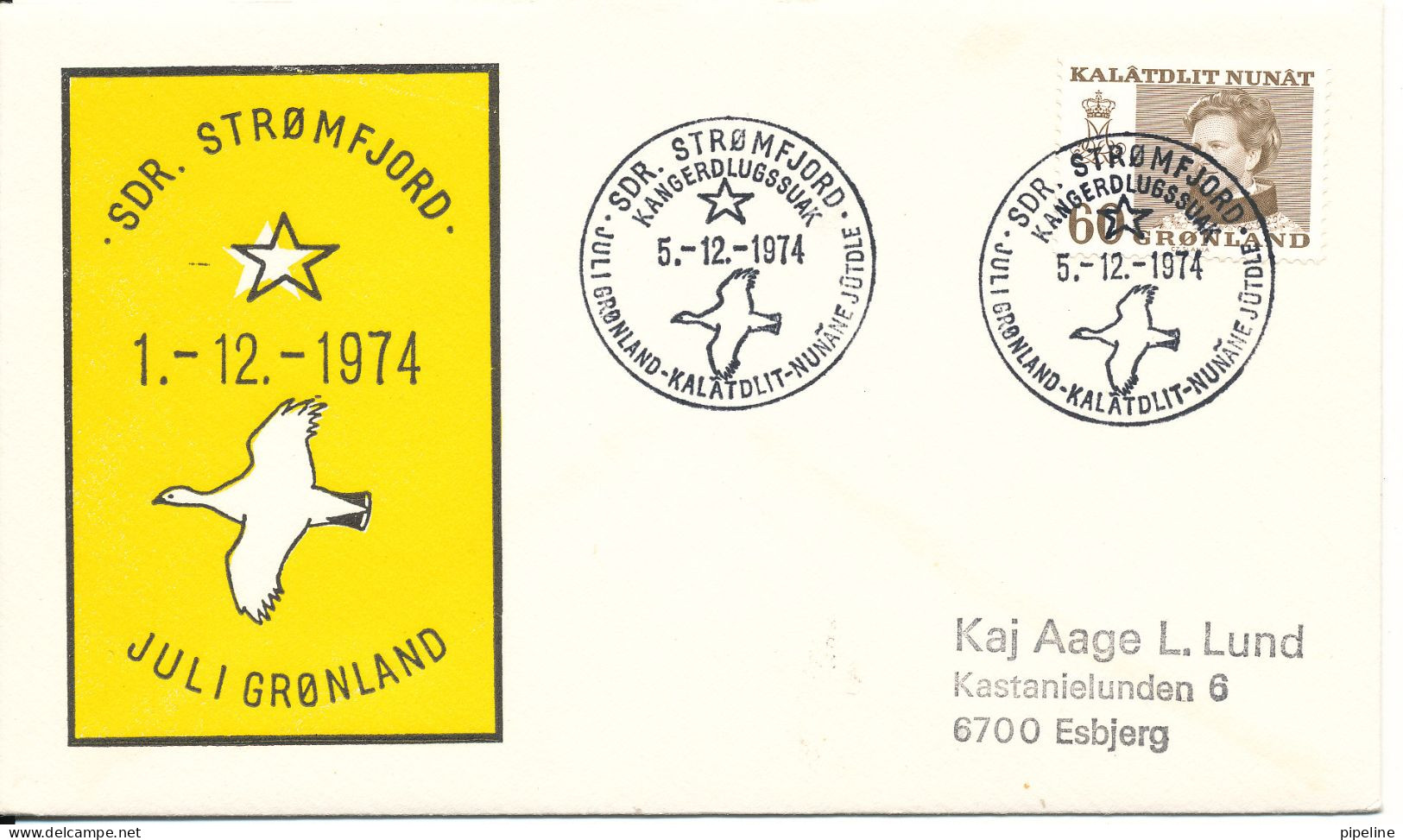 Greenland Cover Sent To Denmark With Special Christmas Cancel And Cachet Sdr. Stromfjord 5-12-1974 - Covers & Documents