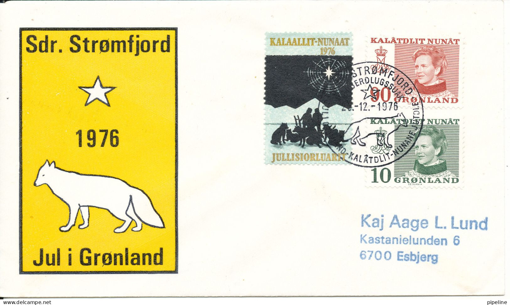 Greenland Cover Sent To Denmark With Special Christmas Cancel, Seal And Cachet Sdr. Stromfjord 20-12-1976 - Briefe U. Dokumente