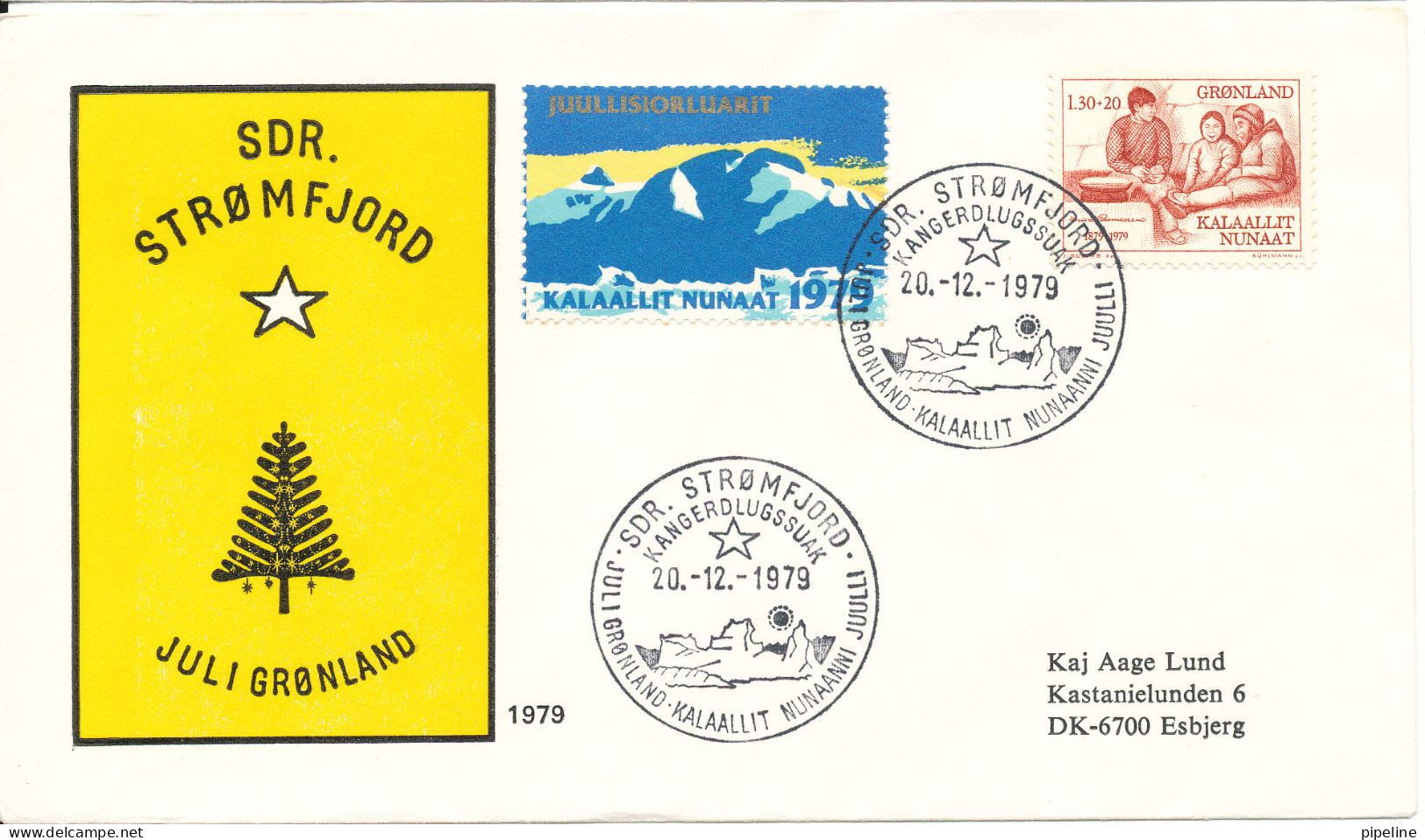 Greenland Cover Sent To Denmark With Special Christmas Cancel, Seal And Cachet Sdr. Stromfjord 20-12-1979 - Lettres & Documents
