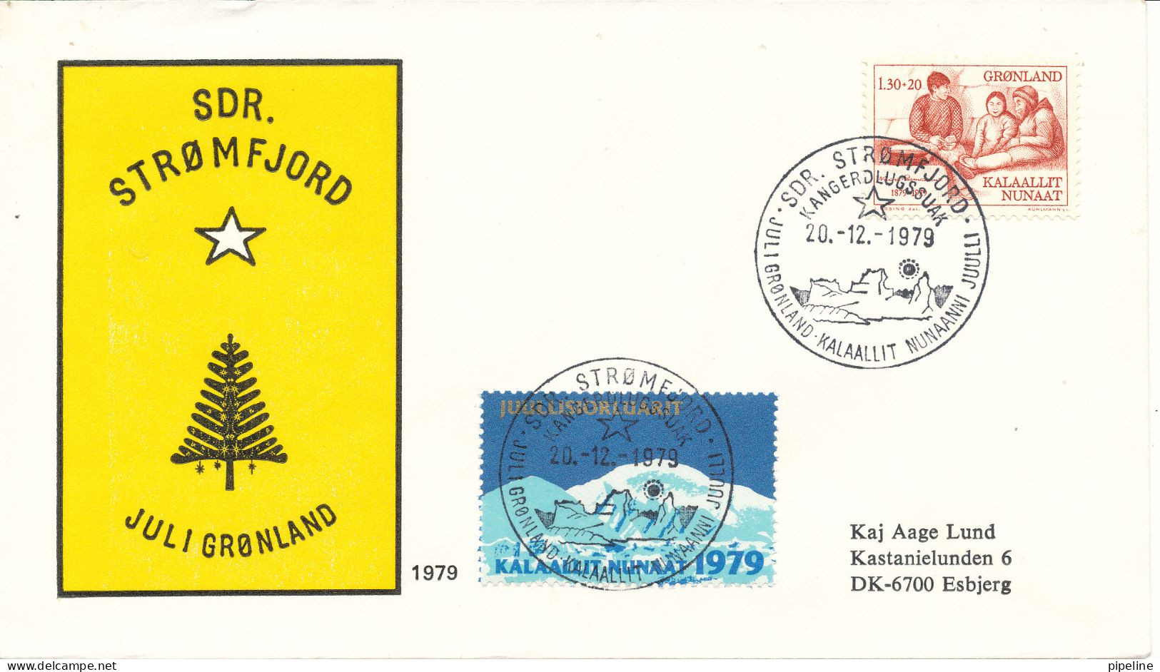 Greenland Cover Sent To Denmark With Special Christmas Cancel, Seal And Cachet Sdr. Stromfjord 20-12-1979 - Briefe U. Dokumente