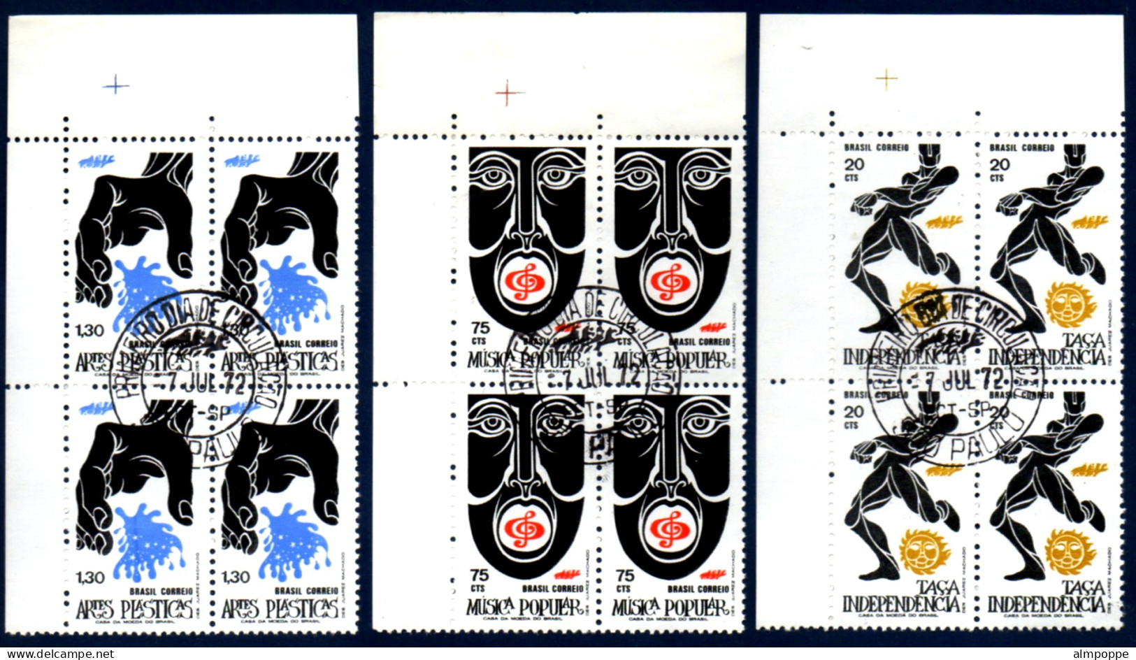 Ref. BR-1230-32-QC BRAZIL 1972 - FOLK ART, FOOTBALL, MUSICMI# 1324-26,BLOCKS CANCELED 1� DAY NH, ART 12V Sc# 1230-1232 - Used Stamps