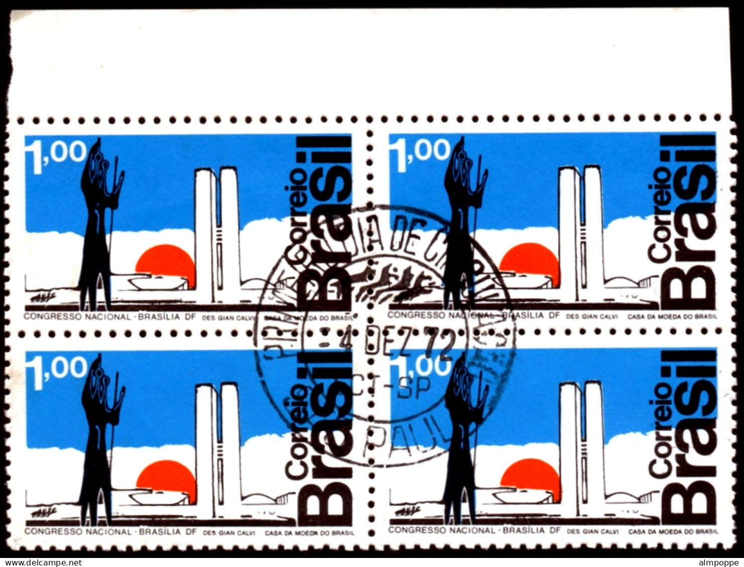 Ref. BR-1266-QC BRAZIL 1972 - CONGRESS BY NIEMEYER,MI# 1350, BLOCK CANCELED 1� DAY NH, ARCHITECTURE 4V Sc# 1266 - Oblitérés