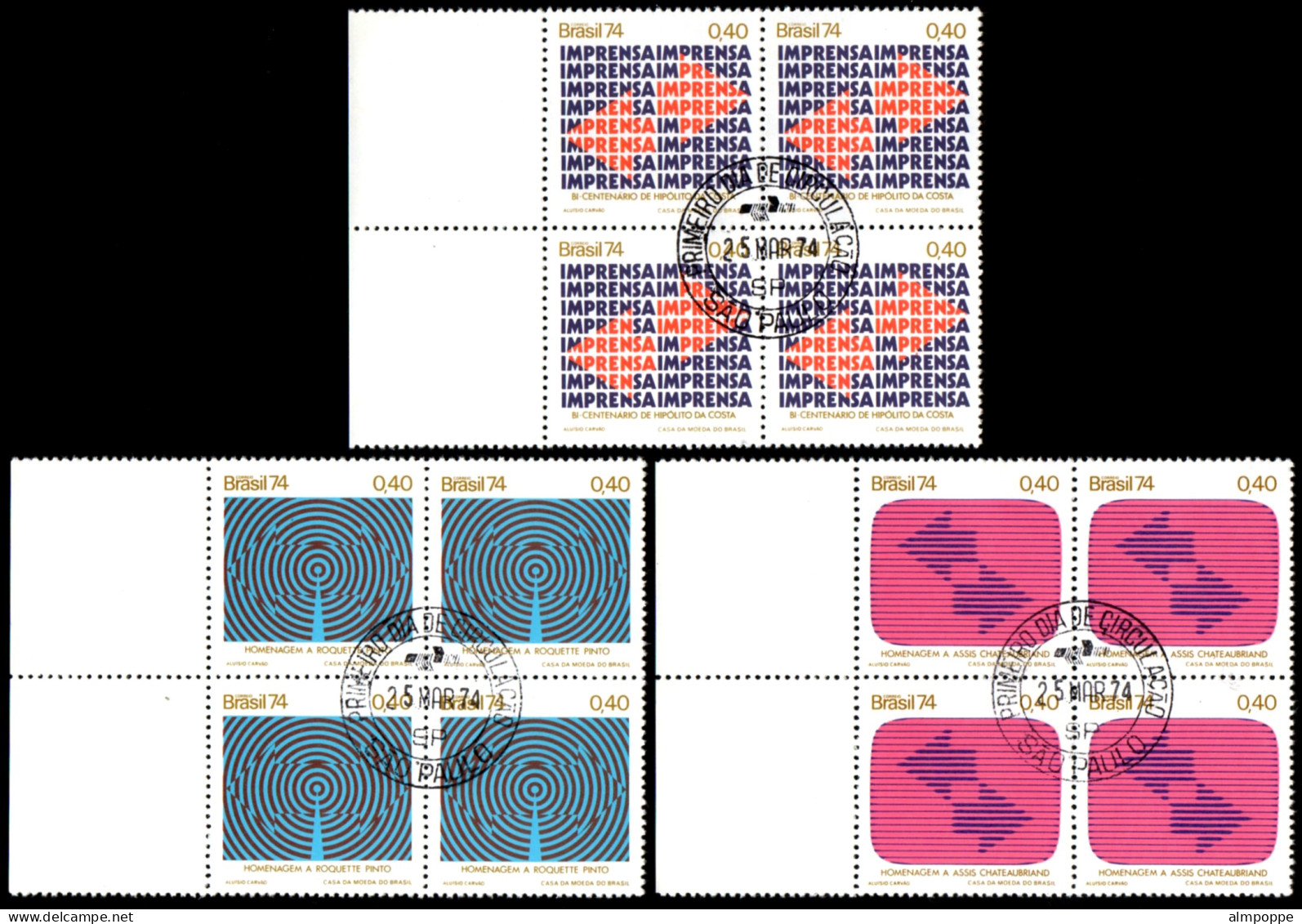 Ref. BR-1338-40-QC BRAZIL 1974 - PRESS, RADIO & TV,MI# 1426-28,CANCELED 1ST DAY, NH, TELECOMMUNICATION 12V Sc# 1338-1340 - Usati