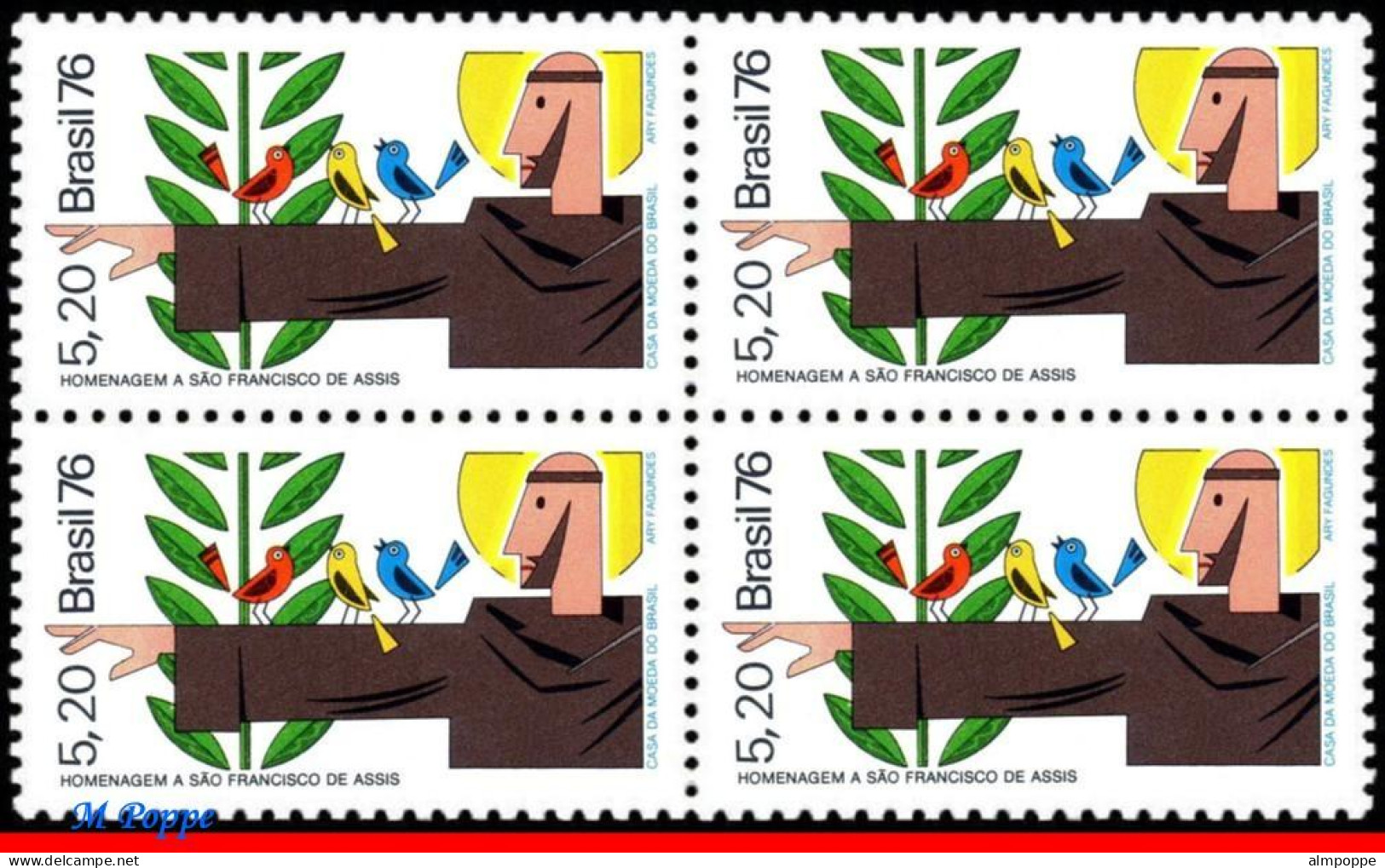 Ref. BR-1477-Q BRAZIL 1976 - ST. FRANCIS OF ASSISI,RELIGION, BIRDS, MI# 1562, BLOCK MNH, FAMOUS PEOPLE 4V Sc# 1477 - Hojas Bloque