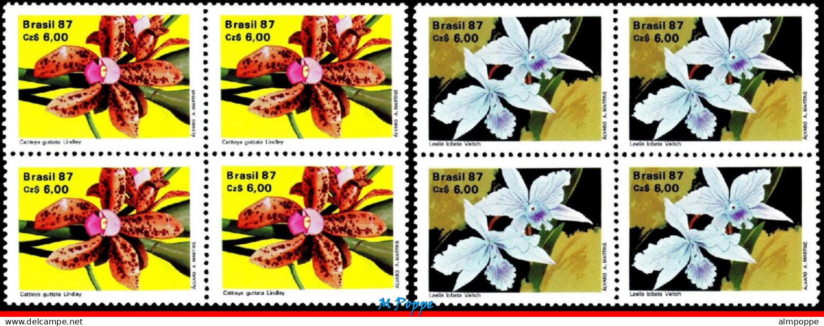 Ref. BR-2121-22-Q BRAZIL 1987 - NATL. ORCHID GROWERS'SOC., ORCHIDS, BLOCKS MNH, FLOWERS, PLANTS 8V Sc# 2121-2122 - Blocks & Sheetlets