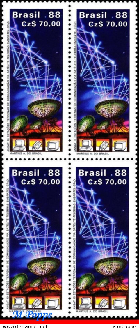 Ref. BR-2159-Q BRAZIL 1988 - ANSAT 10,COMMUNICATION,SATELLITE DISHES MI# 2285 BLOCK MNH, SPACE EXPLORATION 4V Sc# 2159 - Hojas Bloque